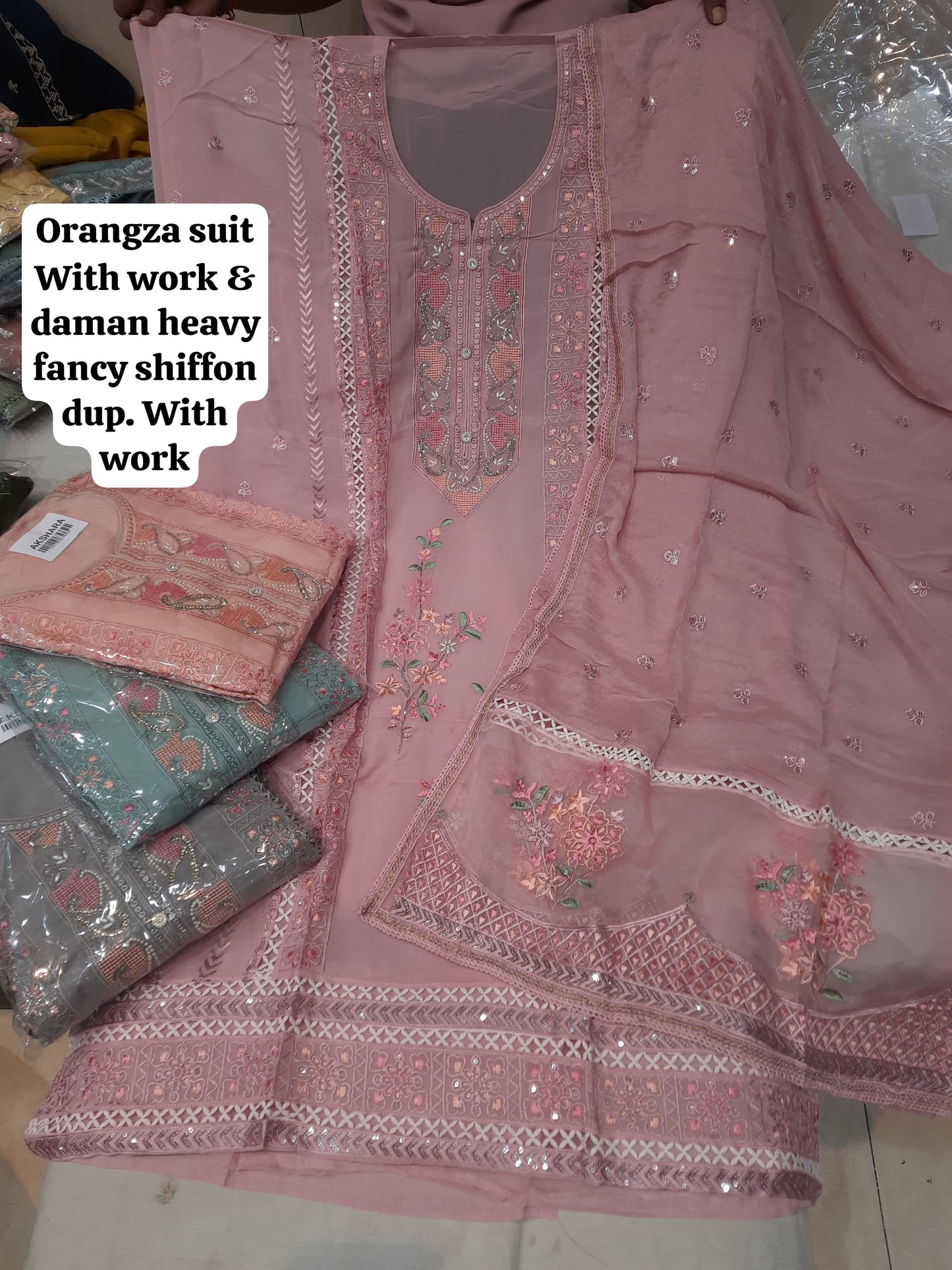 Pretty baby pink organza women's unstitched Salwar suits dress material (free size)