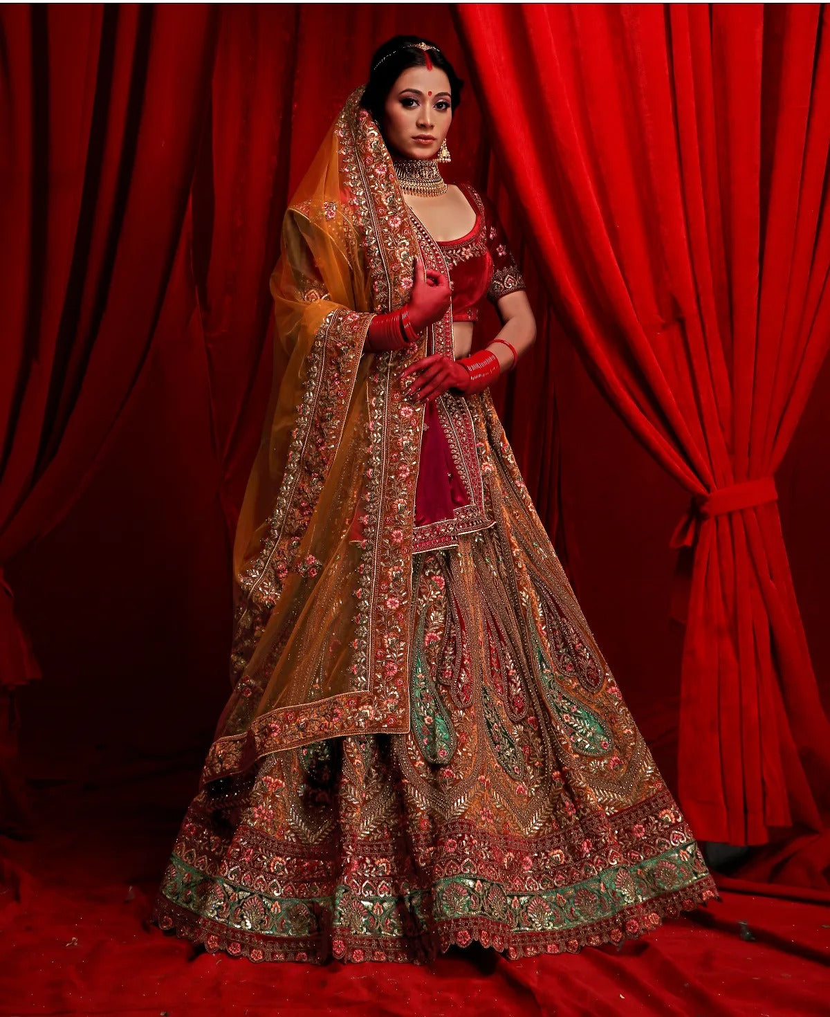 Beautiful maroon mustard double duptta bridal Lehenga