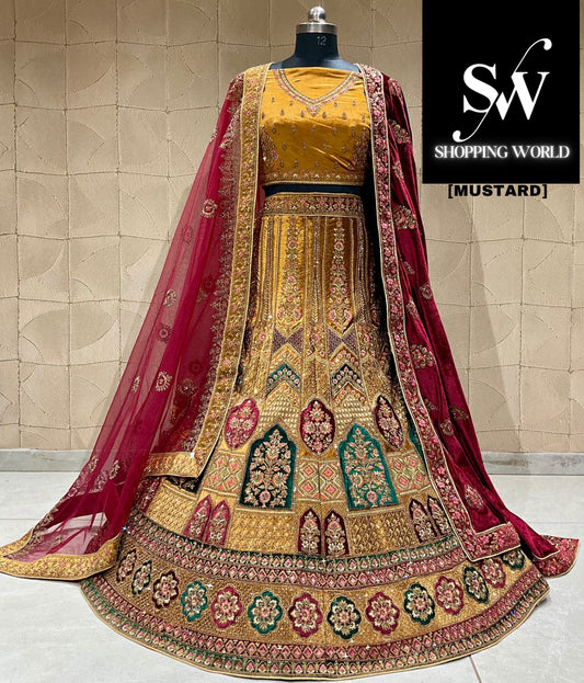 Lehenga nupcial duptta doble color mostaza espectacular