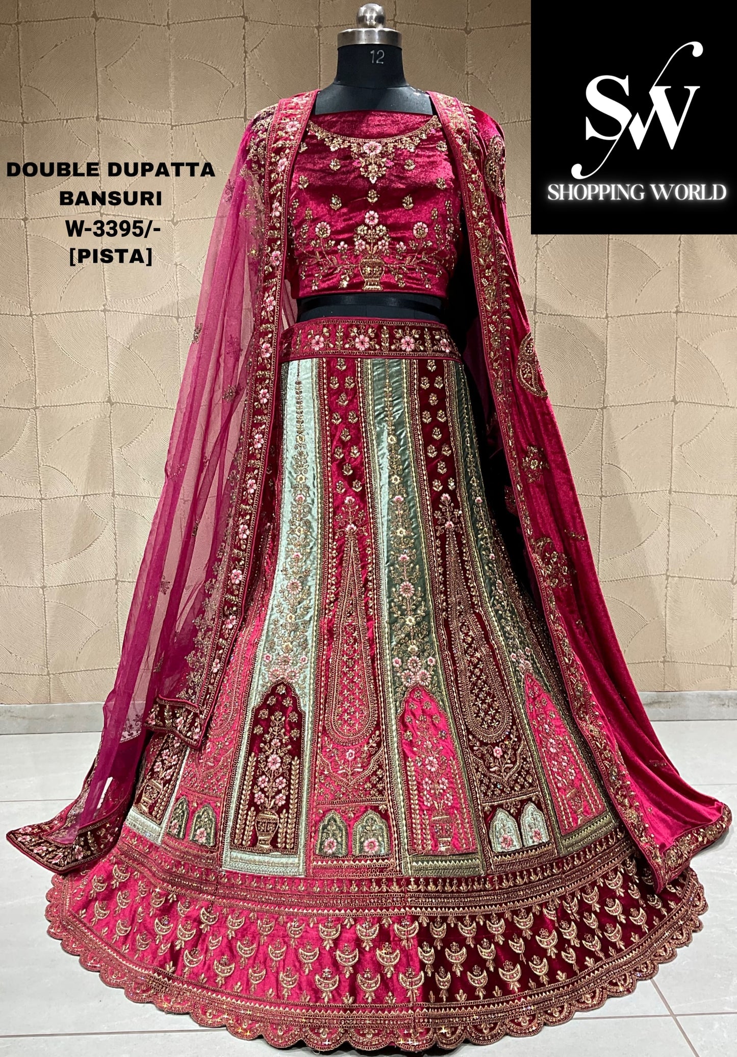 Majestic maroon pista green double duptta bridal lehenga