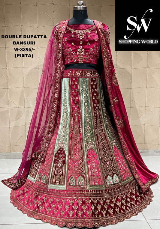 Majestuosa lehenga nupcial duptta doble verde pista granate