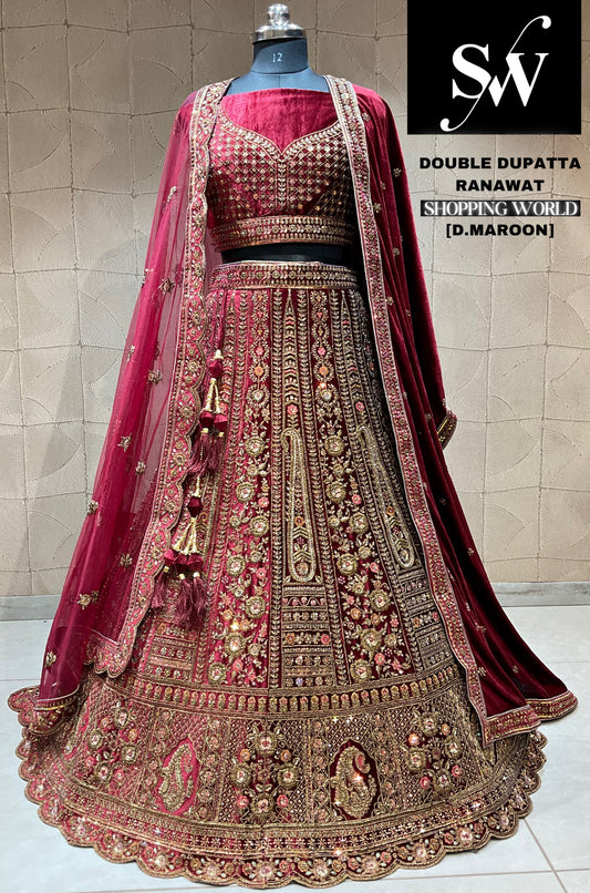 Awesome dark maroon double dupatta bridal lehenga