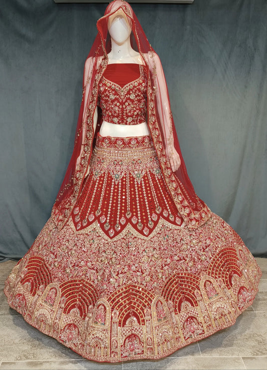 Famosa lehenga nupcial jhumka roja