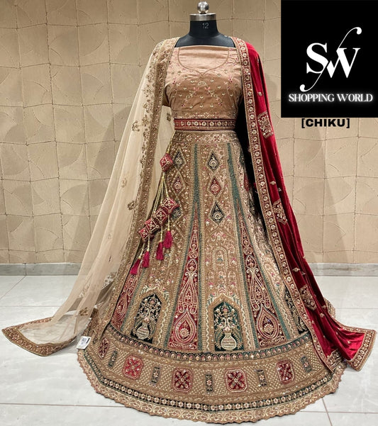 Attractive Chiku double duptta bridal lehenga