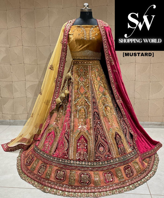 Fabulosa lehenga nupcial con doble duptta en mostaza