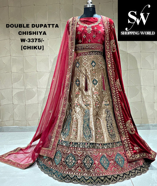 Increíble lehenga nupcial duptta doble chiku granate