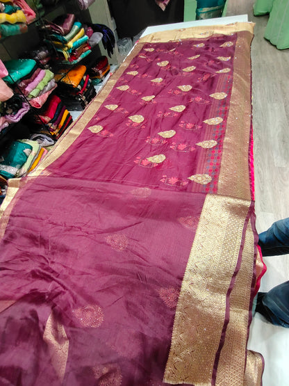 Gorgeous bandhani print purple maroon golden border saree .