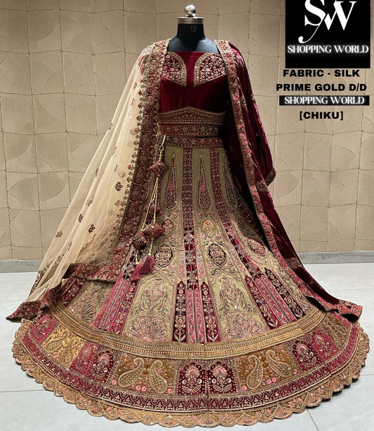 Pretty chiku golden maroon bridal lehenga