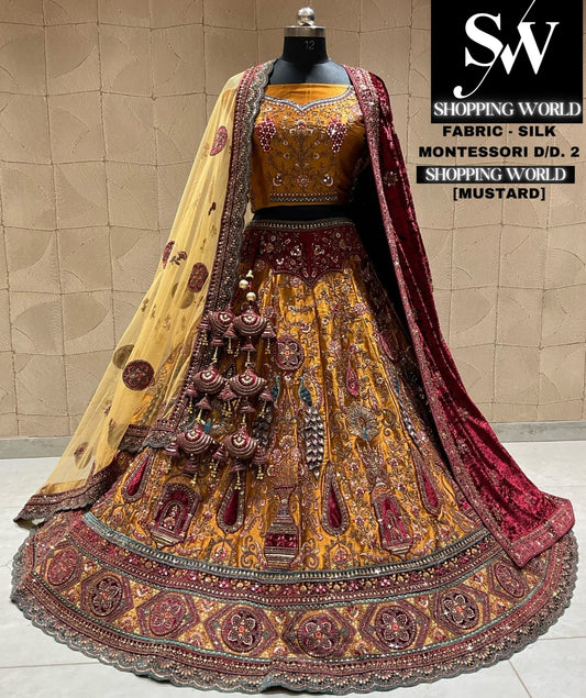 Elegante lehenga nupcial de pavo real color mostaza