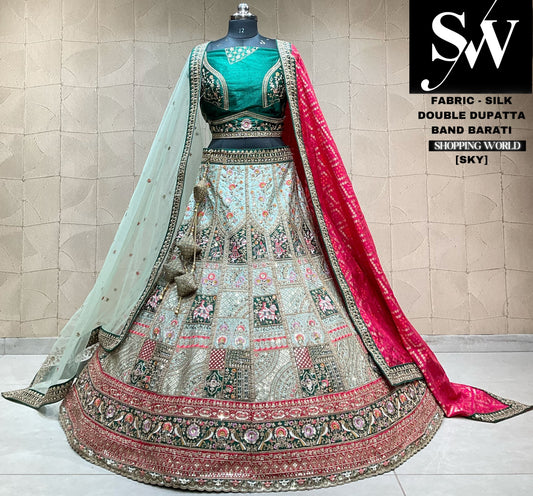 Fair sky blue green doli barat double dupatta bridal lehenga