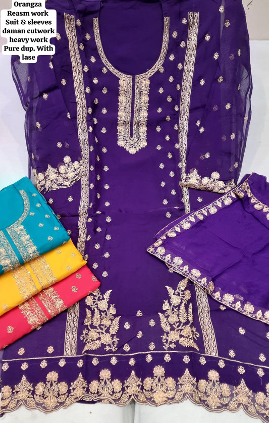 Attractive Purple organza unstitched Salwar suits dress material (free size)