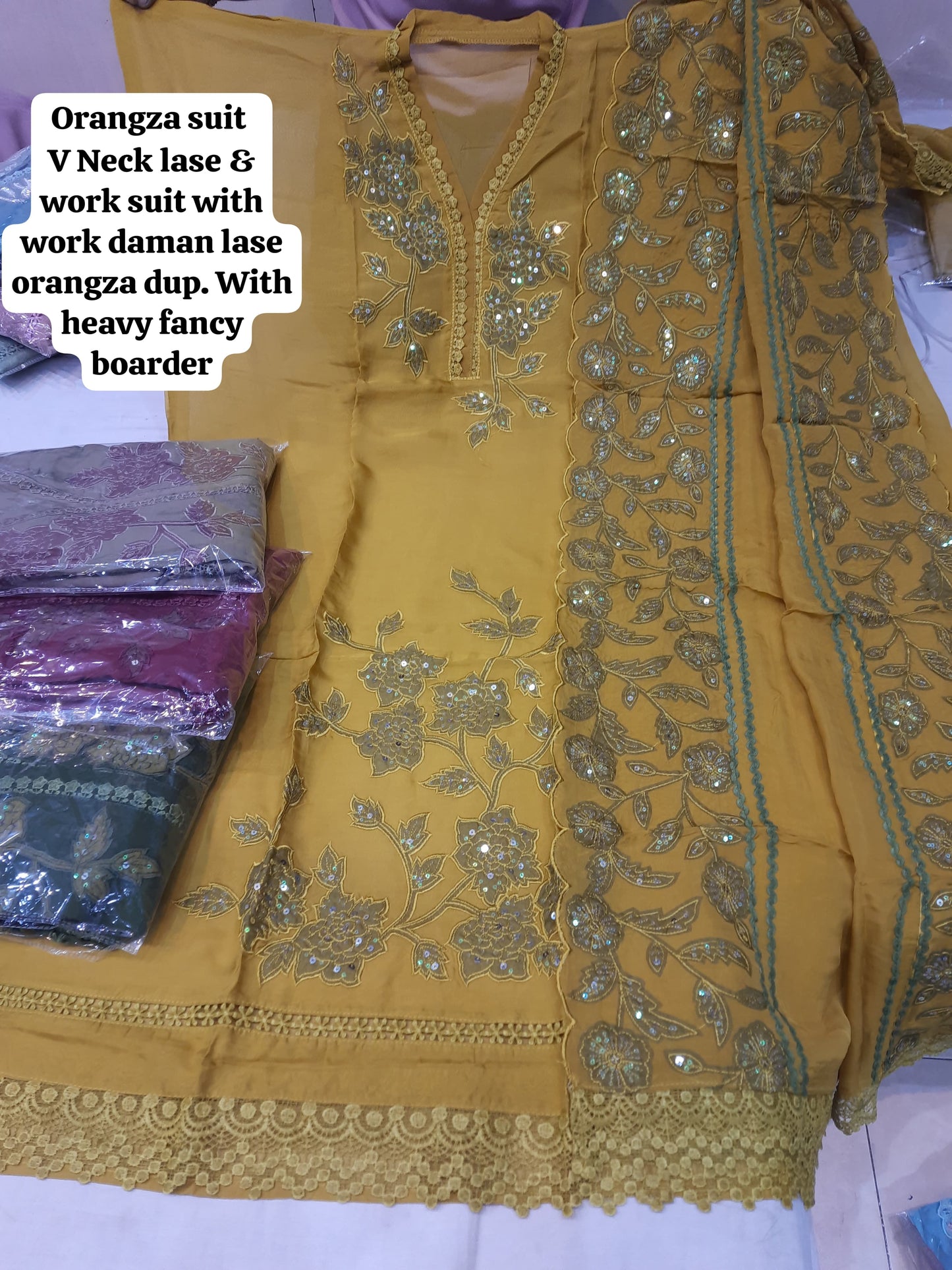 Charming yellow organza women's unstitched Salwar suits dress material (free size)