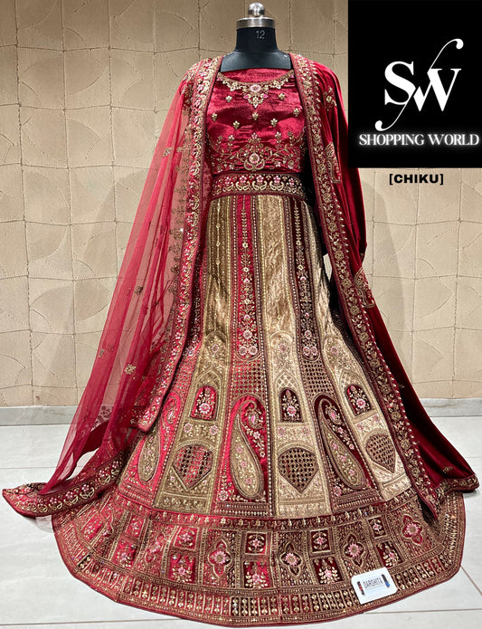 Fantastic maroon chiku double duptta bridal lehenga