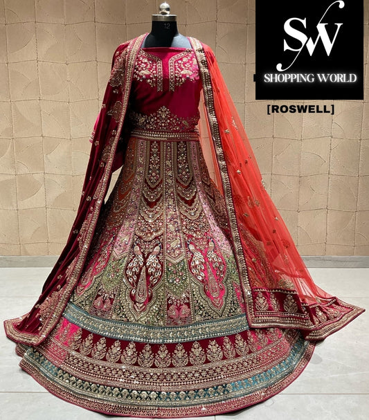 Preciosa lehenga de novia de dos piezas en color rosa granate de Roswell