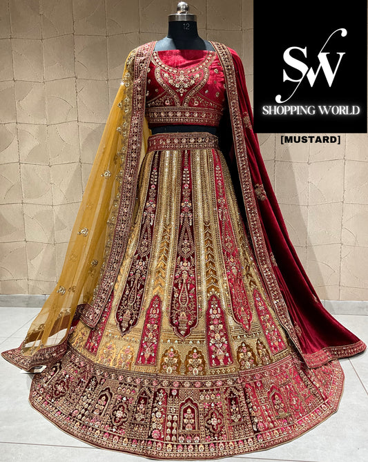 Deliciosa lehenga de novia duptta doble en mostaza