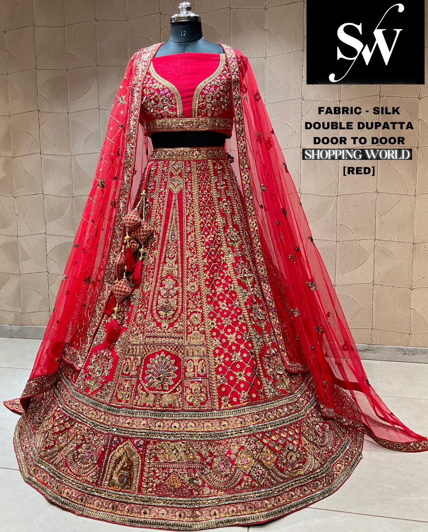 Pleasing red double dupatta bridal lehenga