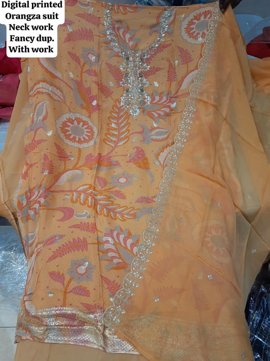 Elegant orange digital printing organza unstitched Salwar suits dress material (free size)