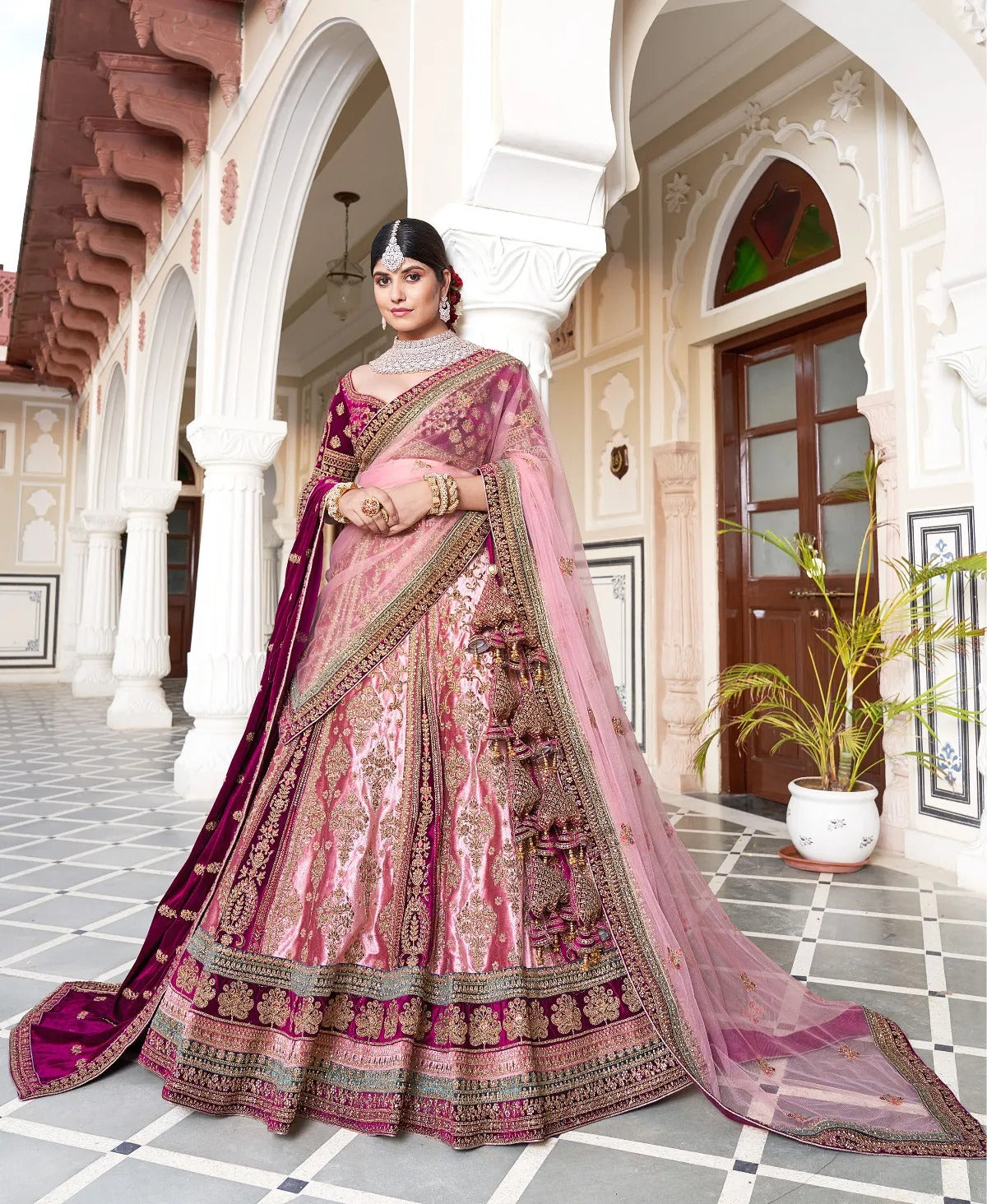 Gorgeous ivory pink double duptta bridal Lehenga