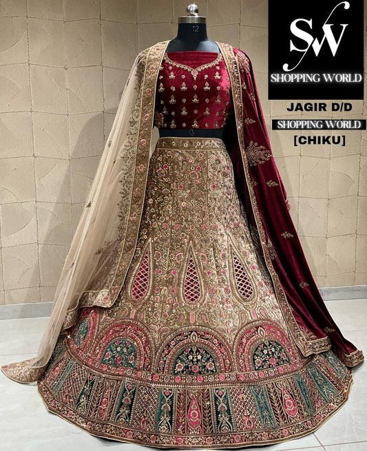 Pretty maroon golden chiku bridal lehenga