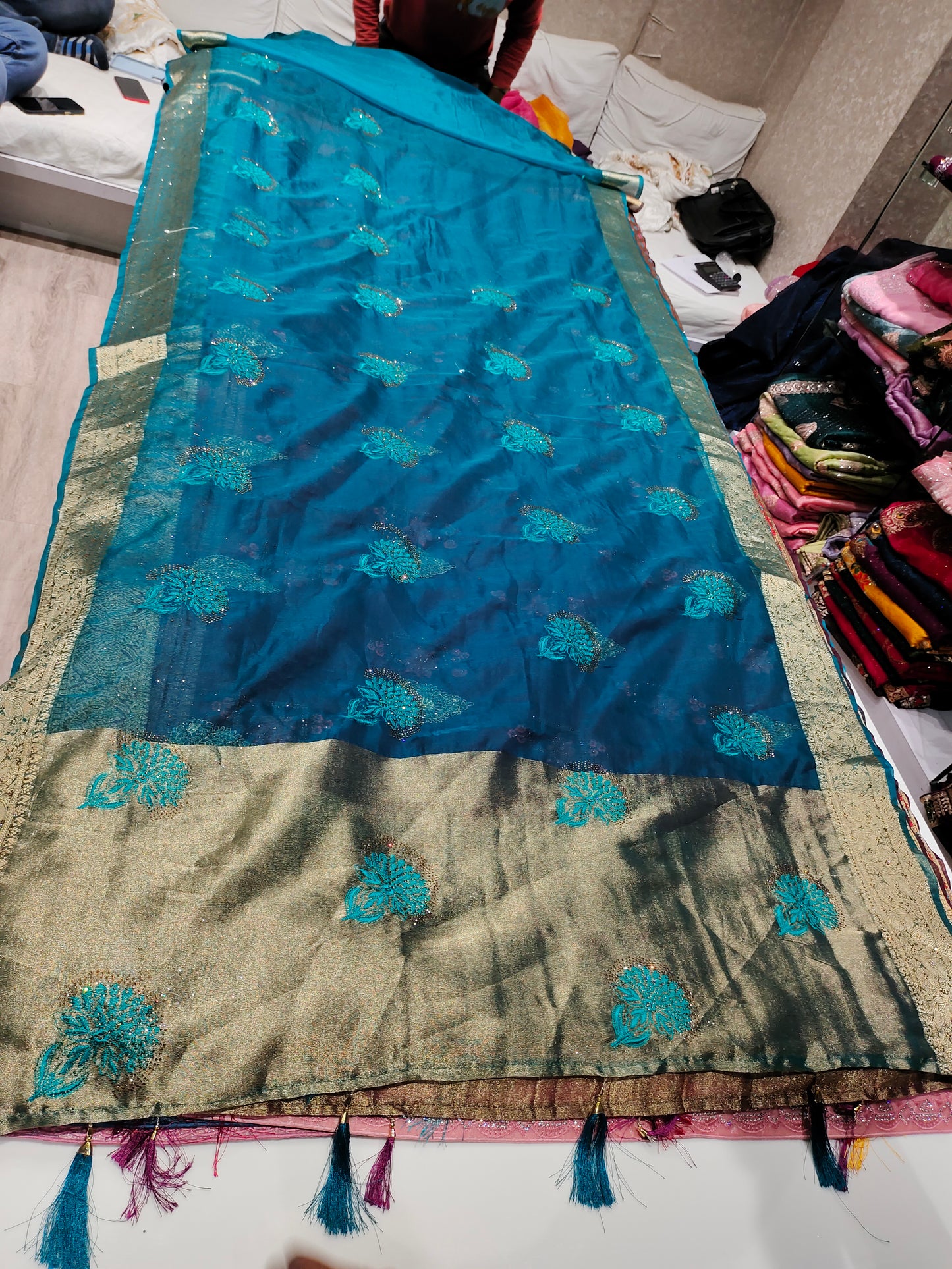 Good looking bandhani print golden border blue saree