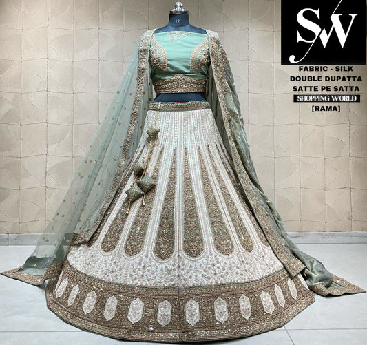 Beautiful white rama green double dupatta bridal lehenga