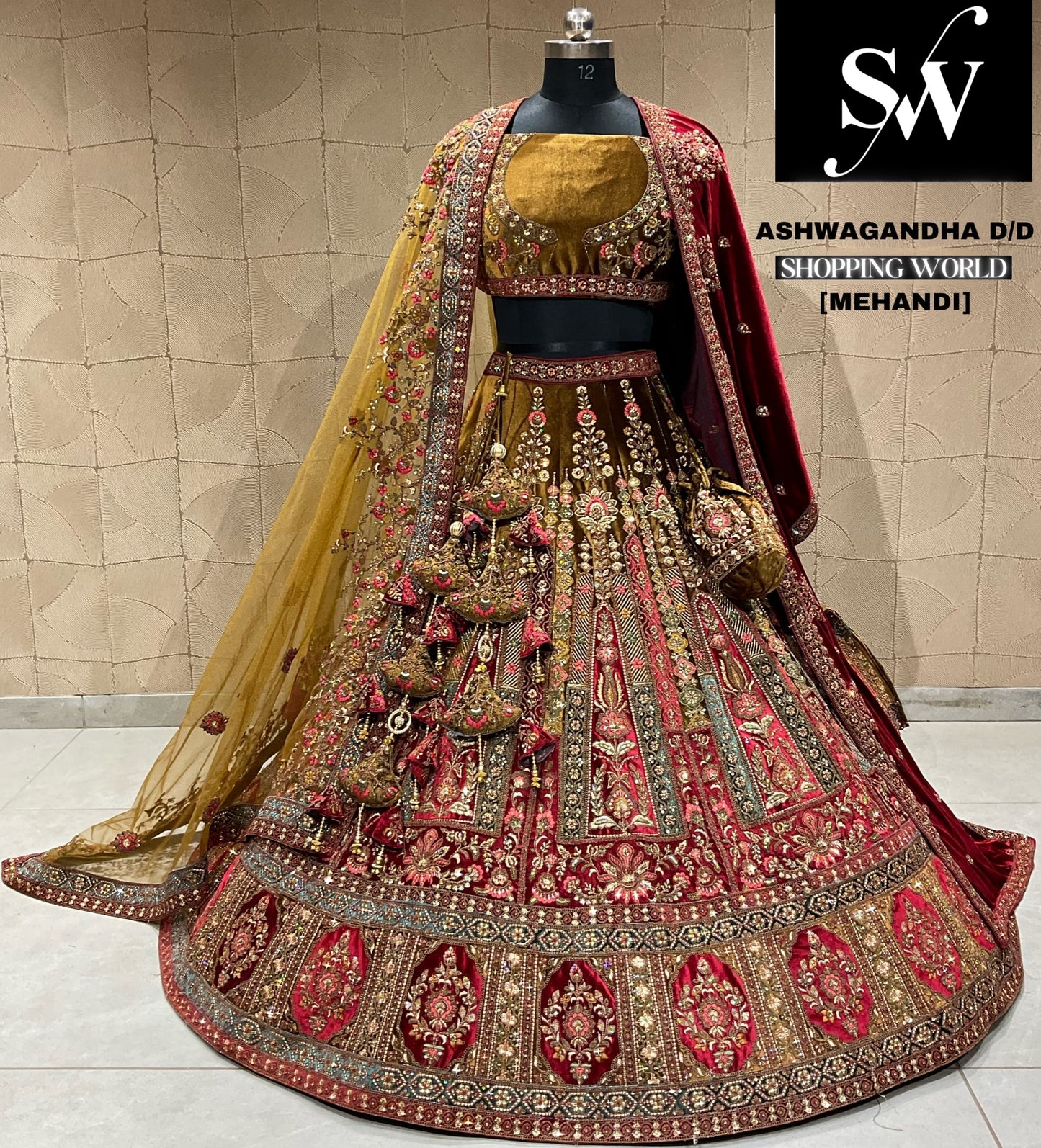 Khoobsurat mehendi granate mostaza doble duptta lehenga nupcial