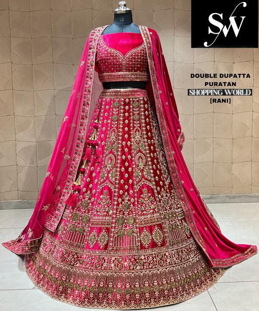 Fabuloso lehenga nupcial con doble dupatta roja rani