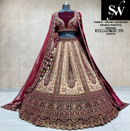 Impresionante lehenga nupcial duptta doble granate chiku