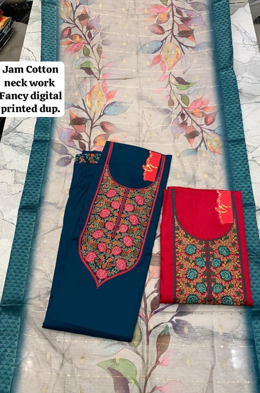 Stunning jam cotton cream women's unstitched Salwar suits dress material (free size)