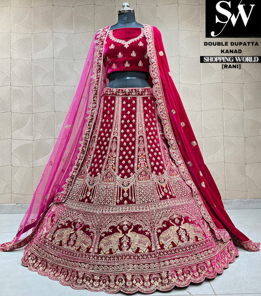 Impresionante lehenga nupcial con dupatta doble gajraj