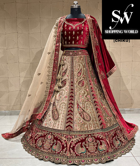 Elegante lehenga nupcial de doble duptta con estampado de pavo real Chiku