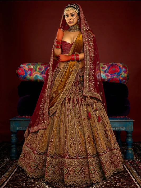 Fantastic maroon golden mustard double duptta bridal lehenga