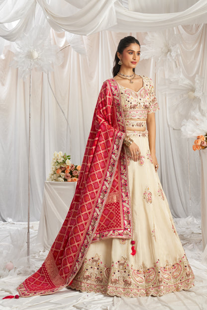 Royal white Red dupatta Lehenga