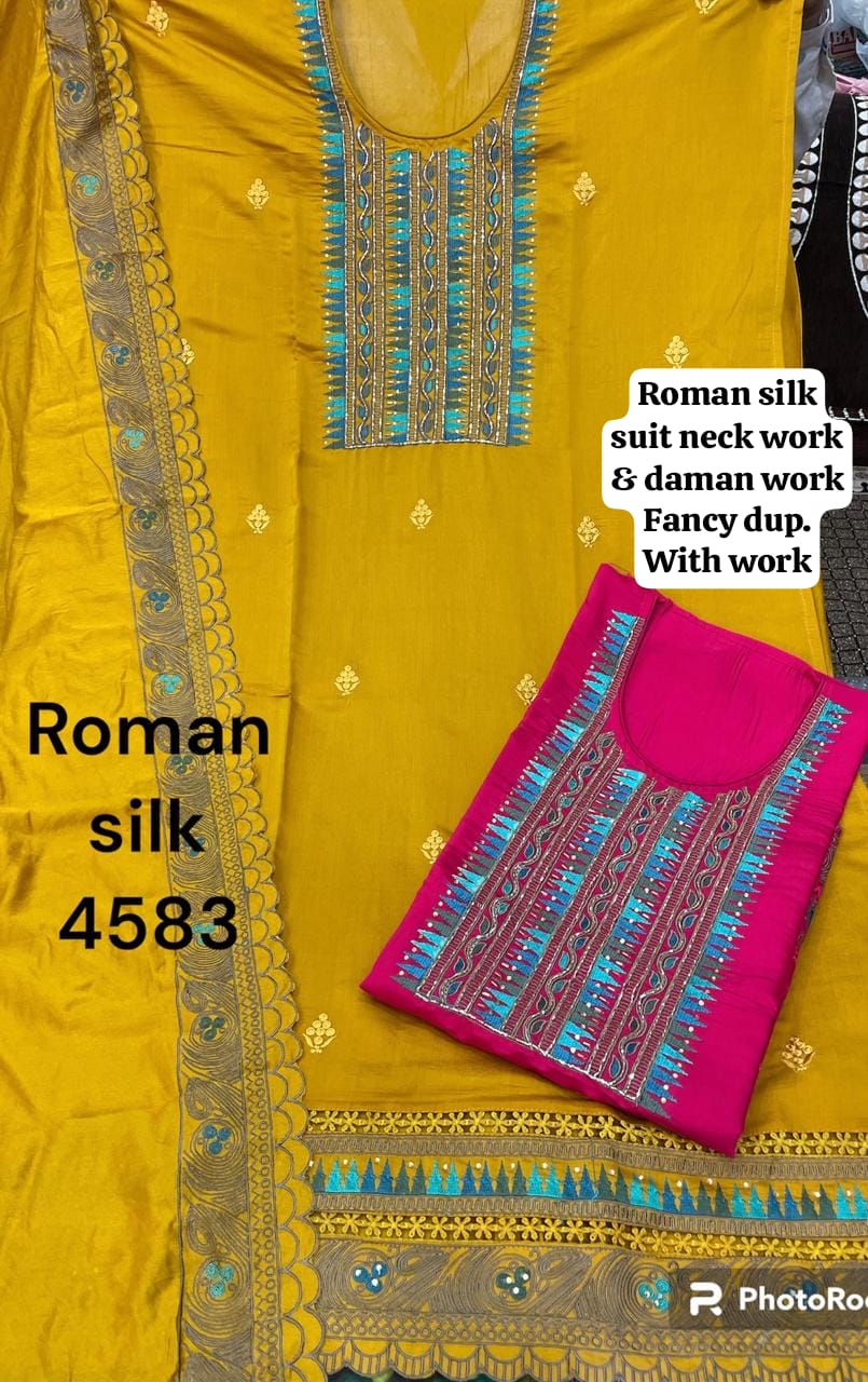 Attractive roman silk yellow women's unstitched Salwar suits dress material (free size)