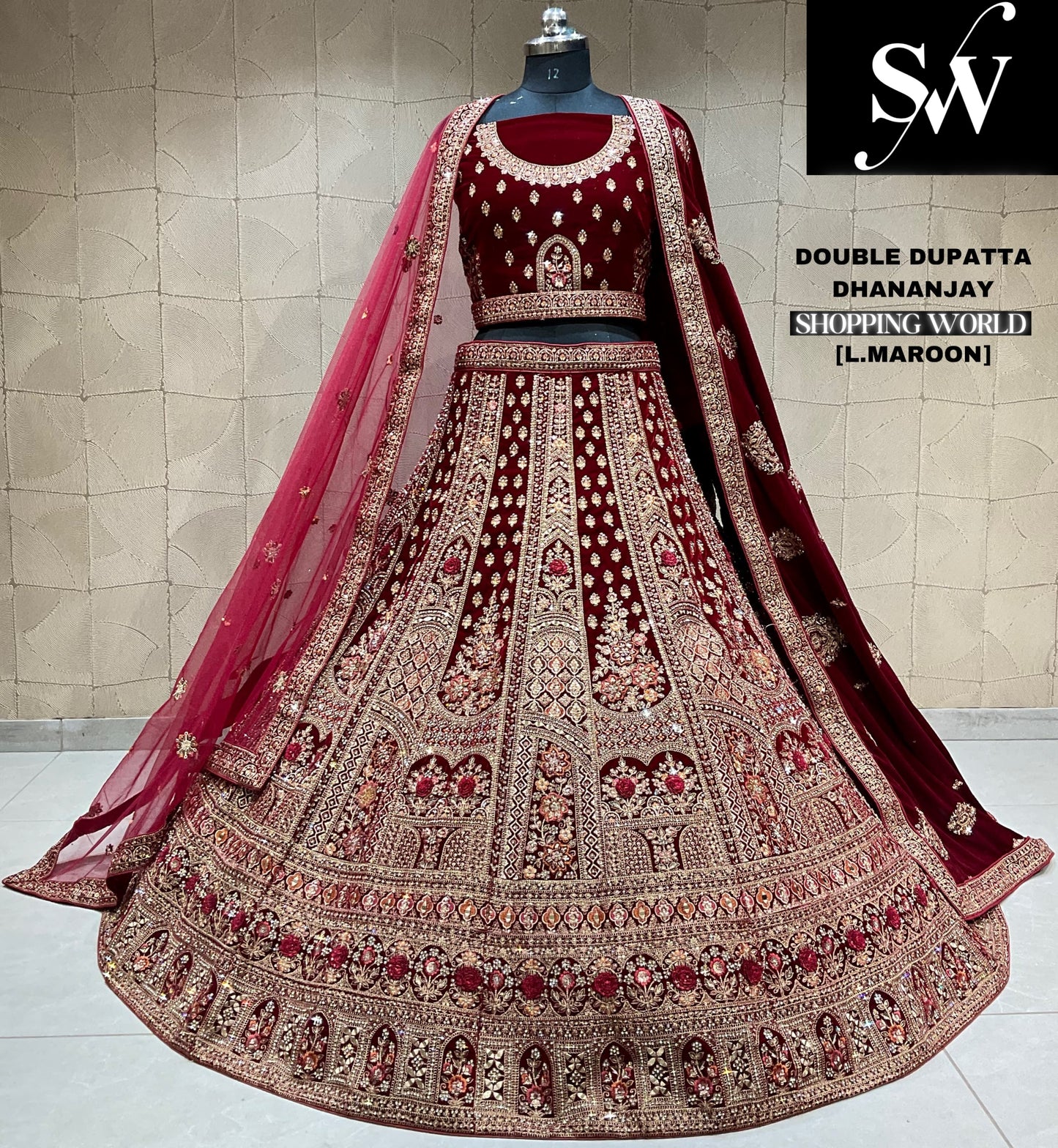 Charming light maroon double dupatta bridal lehenga