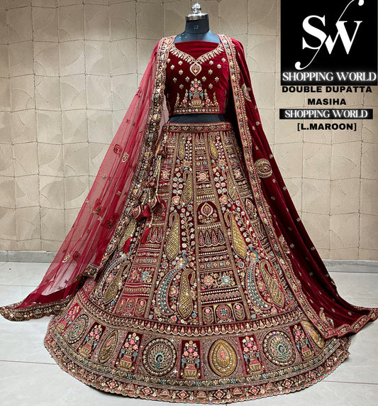 Lehenga nupcial glamurosa en color granate claro con diseño de pavo real