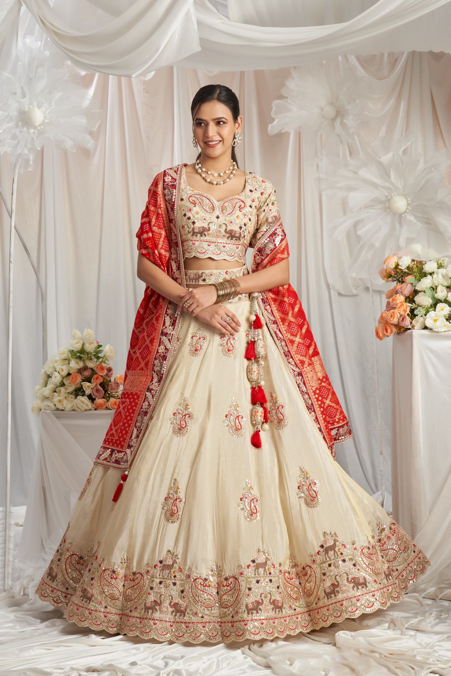 Royal white Red dupatta Lehenga