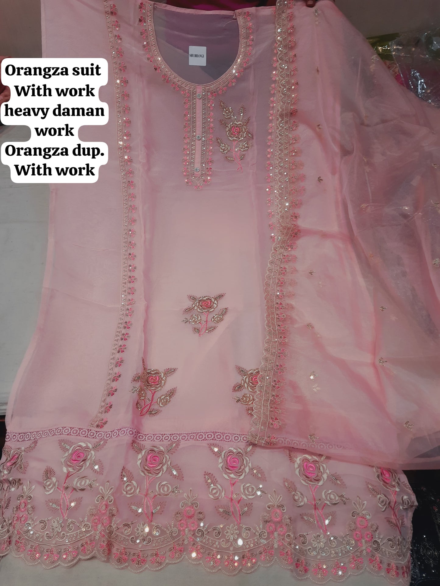 Agradable material de vestido de traje Salwar sin coser de organza rosa bebé (talla única)