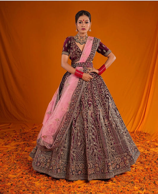 Engaging maroon peacock double duptta bridal Lehenga