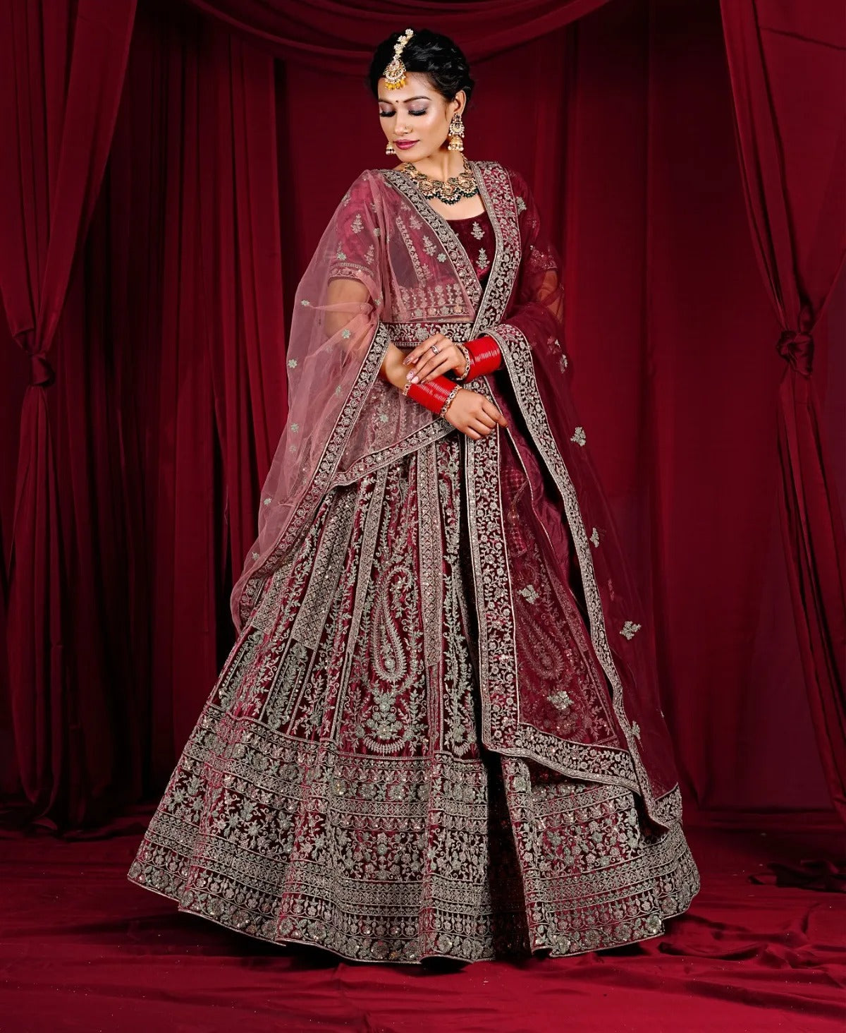 Pleasing maroon double duptta bridal lehenga