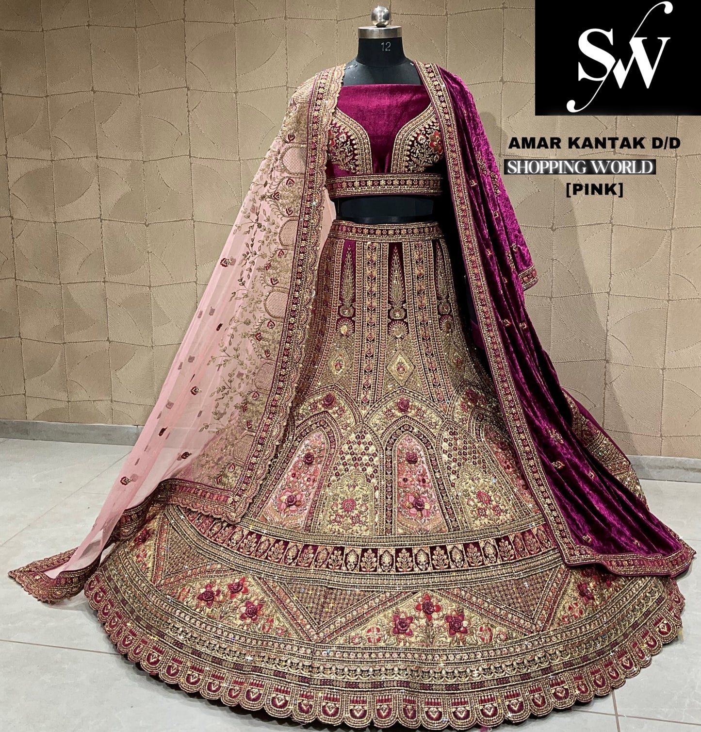 Eye catching pink maroon double duptta bridal lehenga