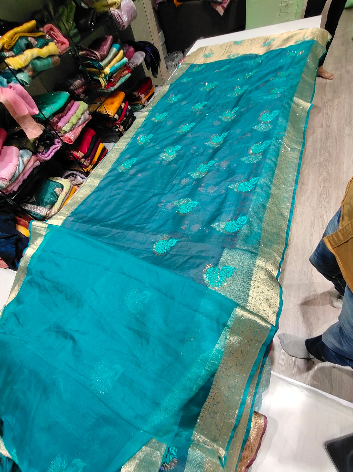 Good looking bandhani print golden border blue saree