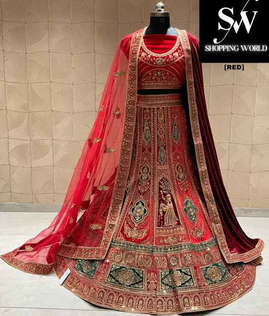 Preciosa lehenga nupcial de doble duptta roja