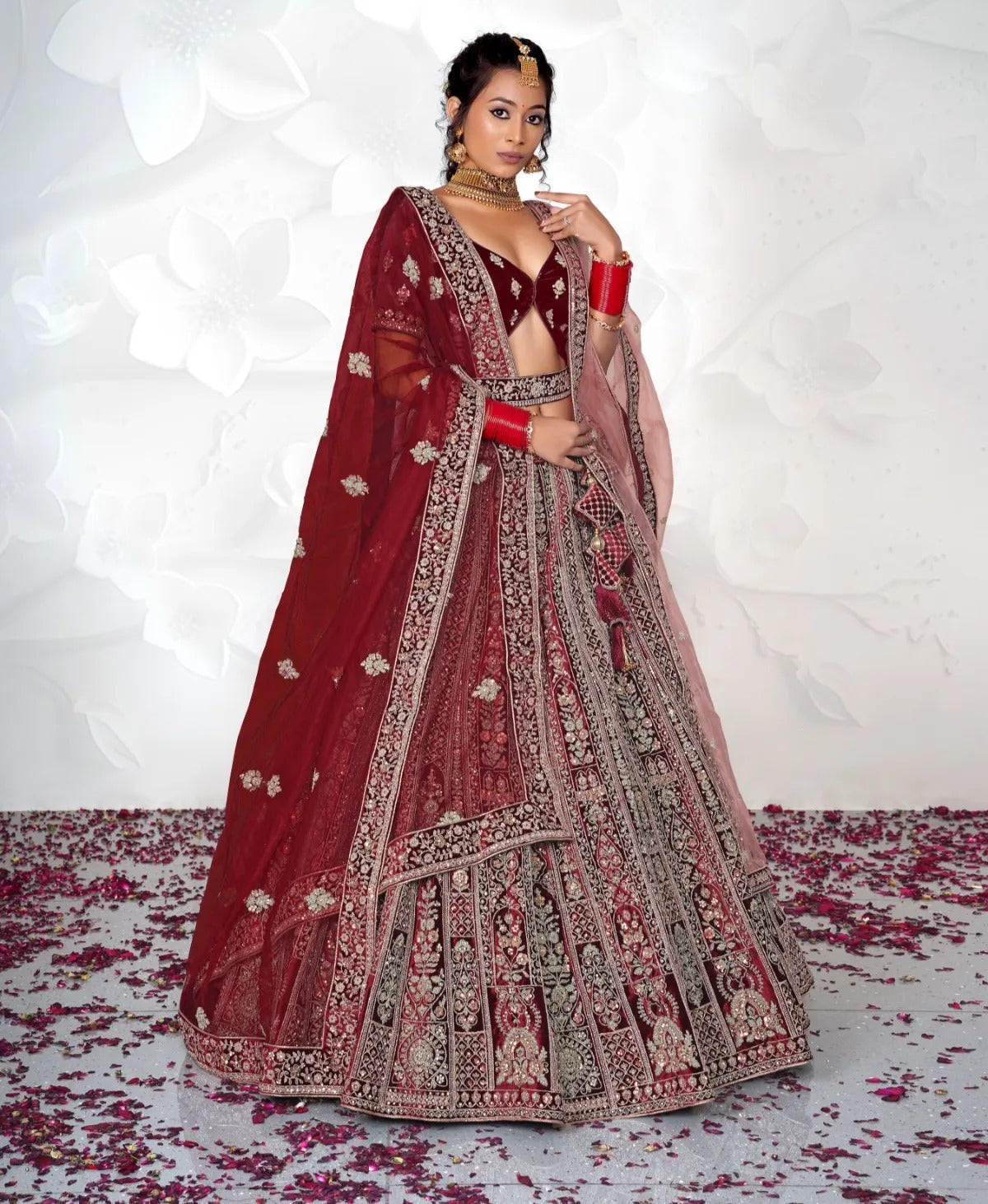 Elegant maroon double dupatta bridal Lehenga