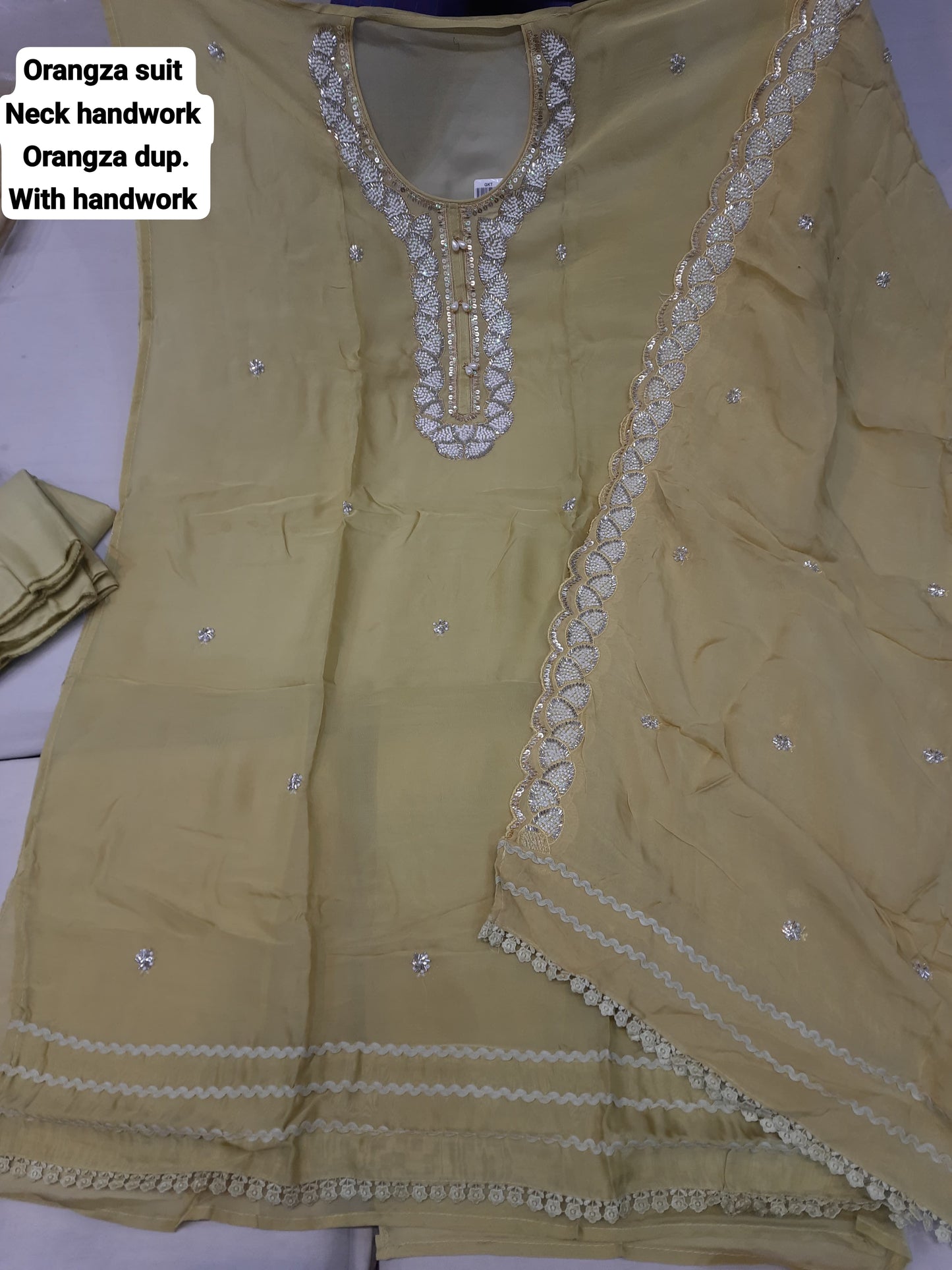 Tremendous golden yellow organza unstitched Salwar suits dress material (free size)