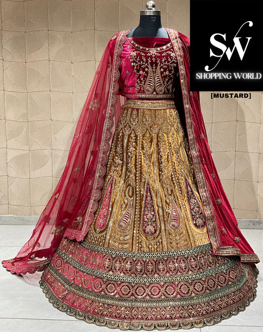 Hermosa lehenga de novia duptta doble color mostaza