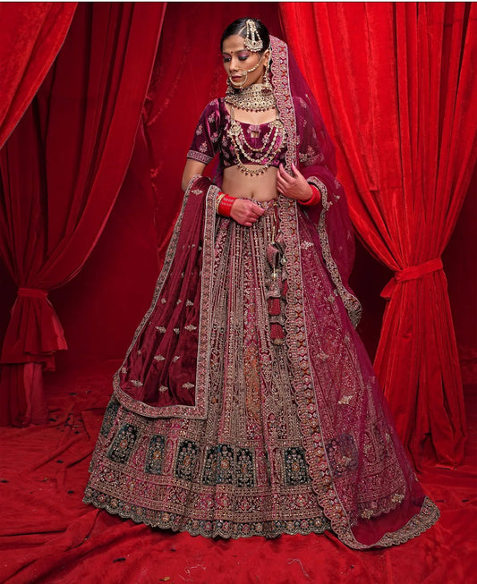 Charming maroon double duptta bridal Lehenga