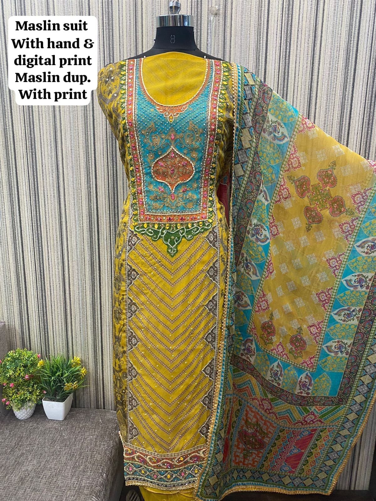 Yellow women's unstitched Salwar suits dress material (free size)