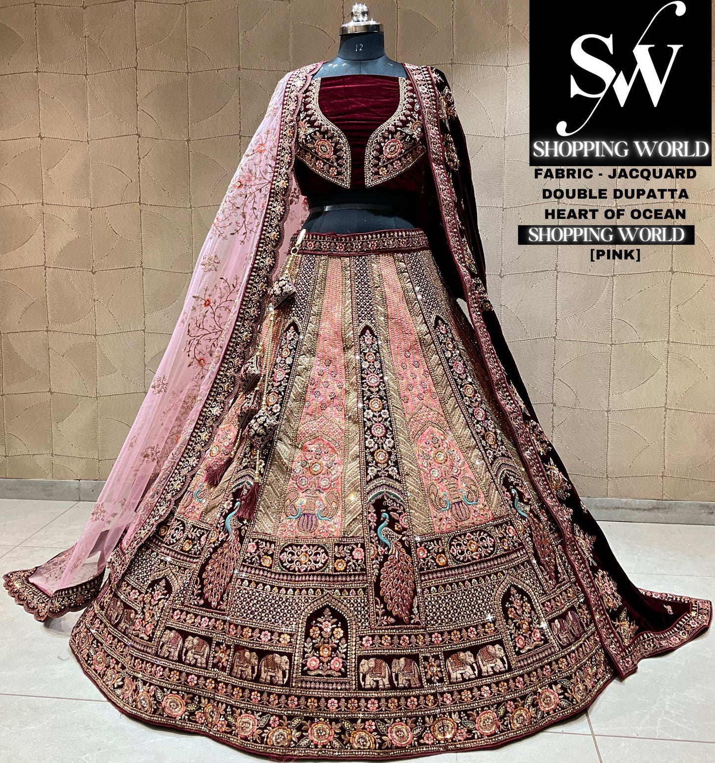 Fabulous  peacock pink maroon bridal lehenga