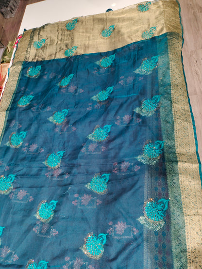 Good looking bandhani print golden border blue saree